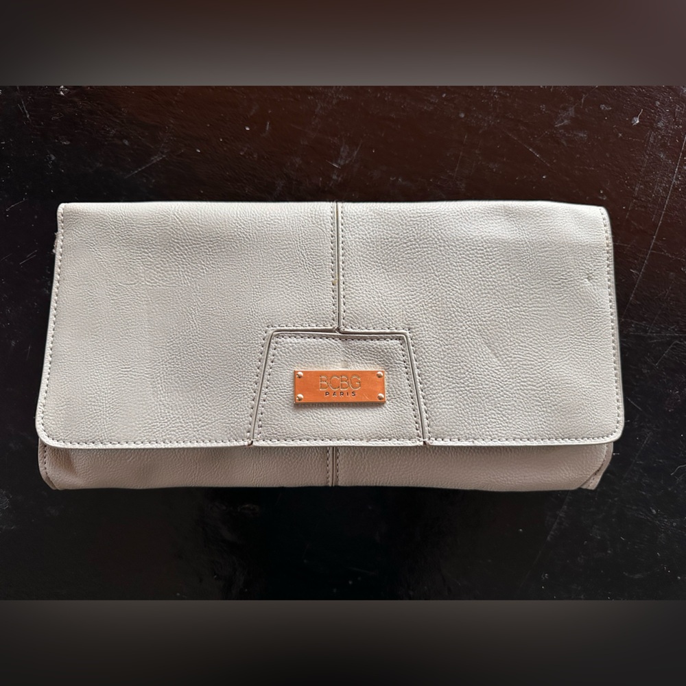 BCBG Light Gray Clutch with Gold Accent